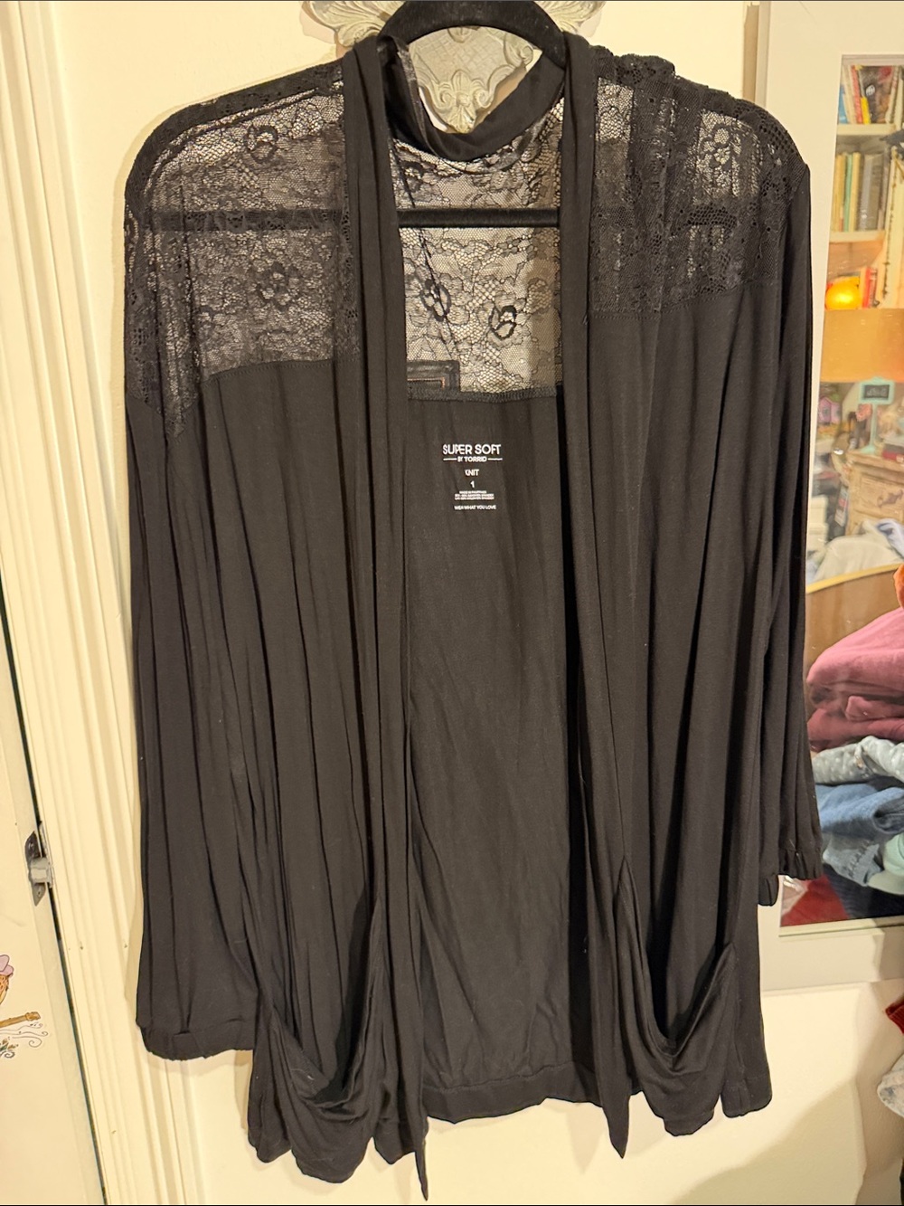 torrid Black Lace-Yoke Open Front Drape Cardigan